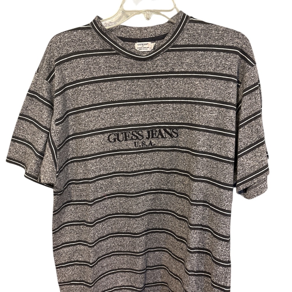 Guess Men's Charcoal and Black Striped Tee